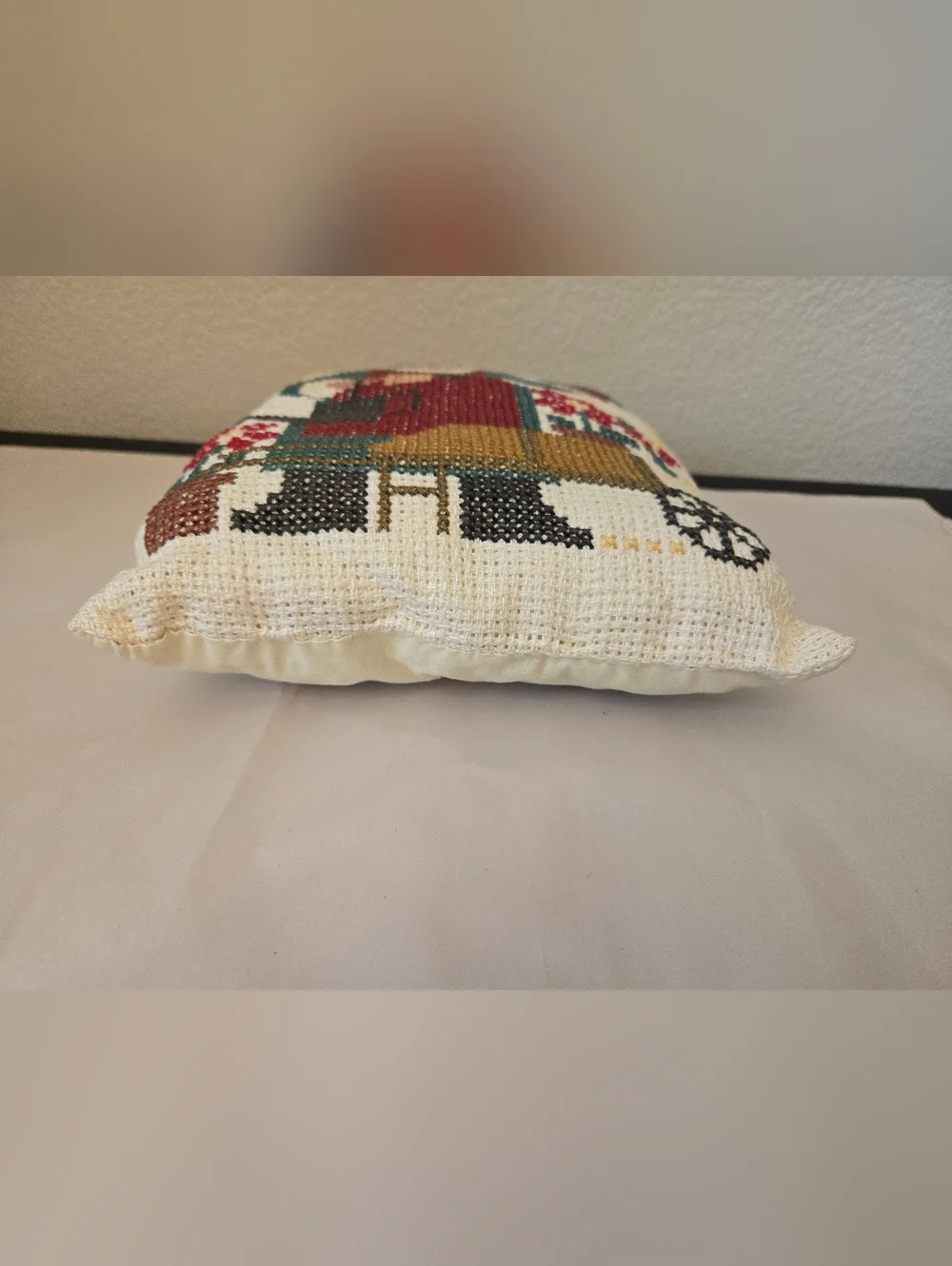 Vintage Needlepoint Santa Pillow Gardening Theme Accent Decor Christmas Holiday